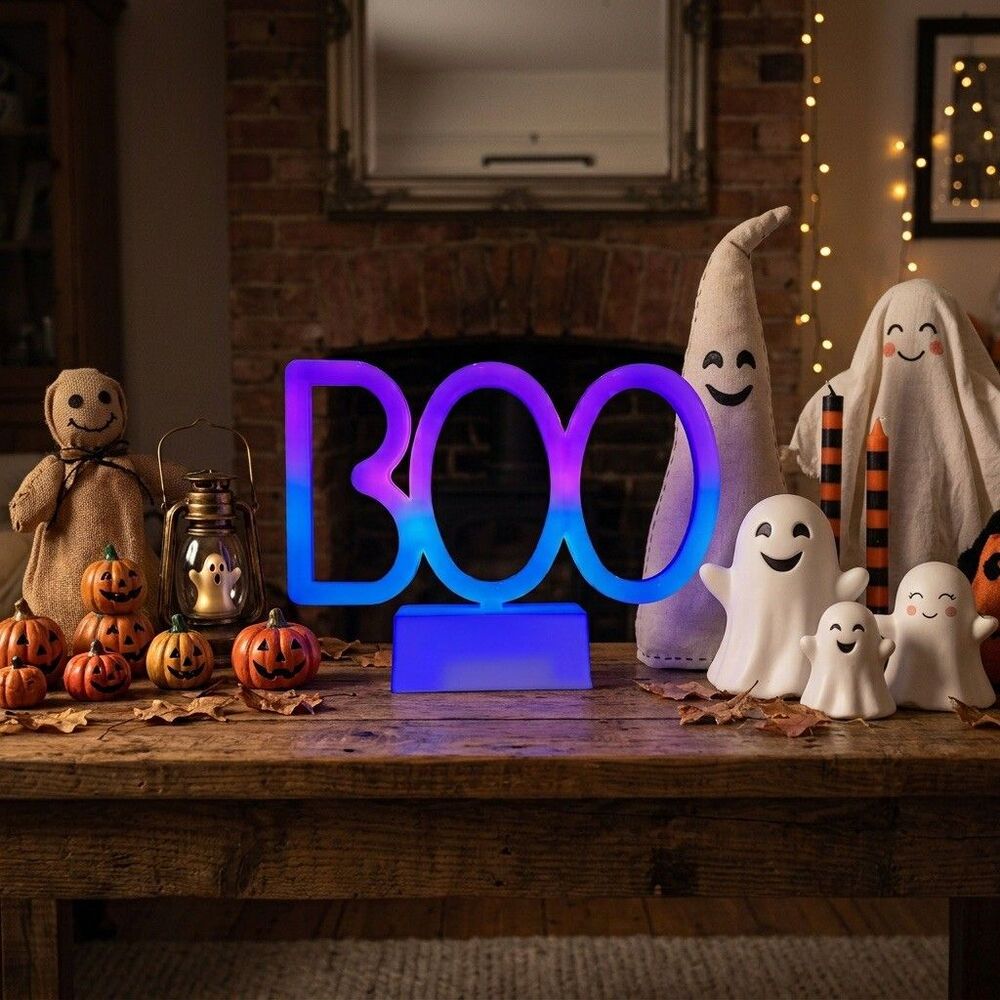 Merkury Innovations Pink & Blue  LED Neon BOO Tabletop Sign Halloween Spooky